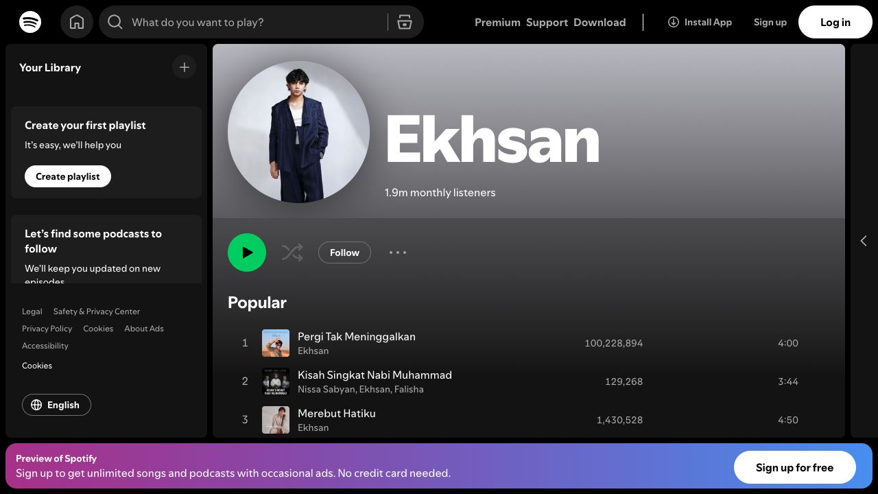 Profil Spotify Ekhsan, 20 Oktober 2026: 1.920.772 pendengar bulanan dan 100.228.894 putaran Pergi Tak Meninggalkan