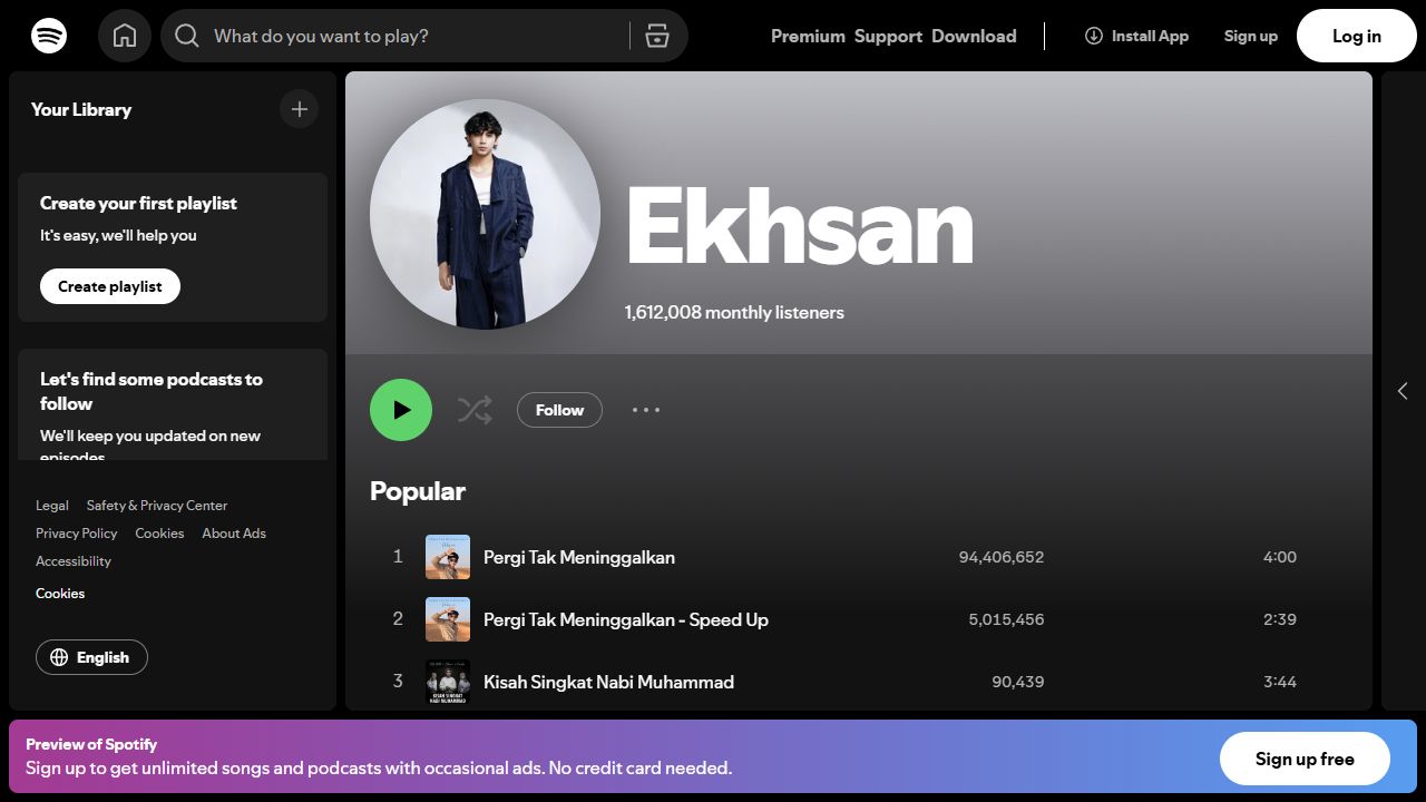 Ekhsan official Spotify profile showing current listeners and track plays
